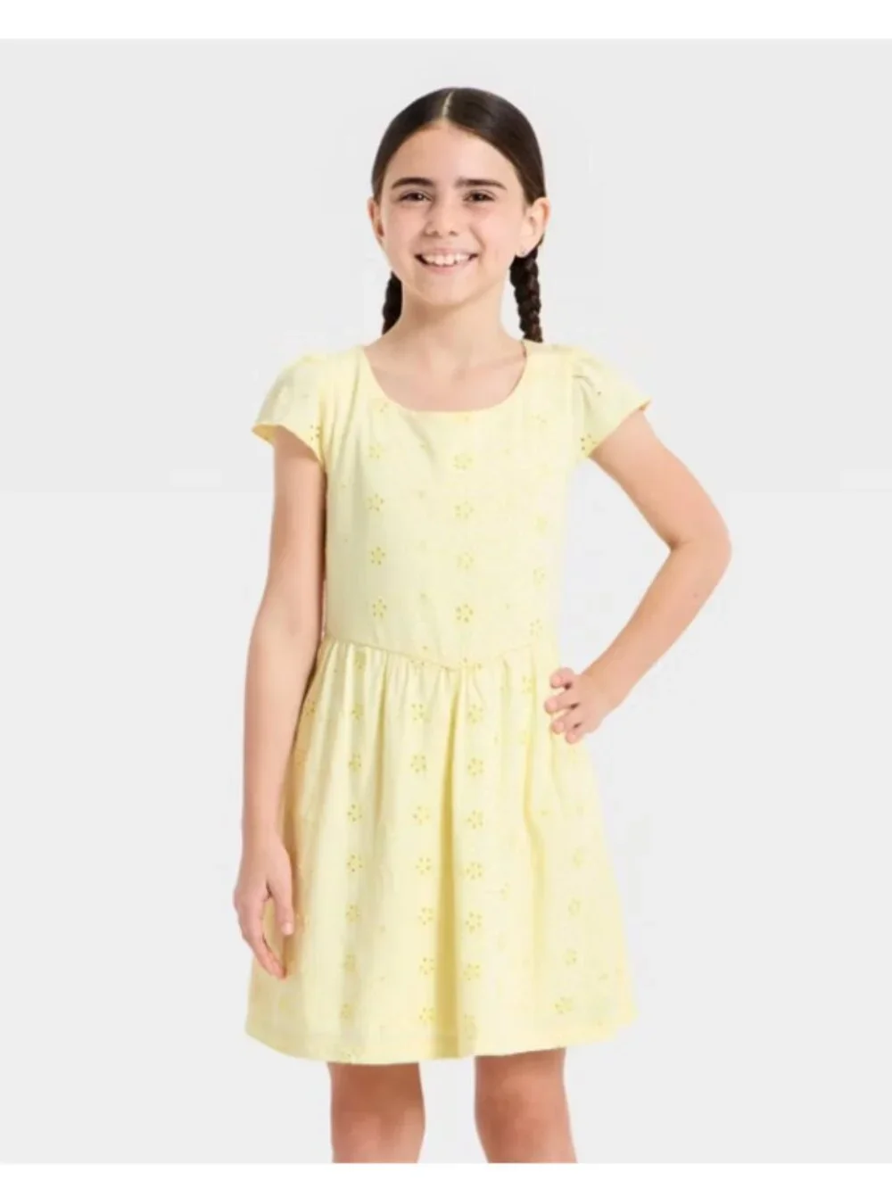 Cat & Jack Girls' Short Sleeve Knit Eyelet Dress -  Pale Yellow S (6/7)